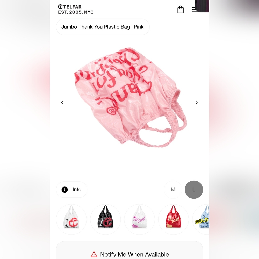 Telfar Pink Jumbo Thank You Plastic Bag